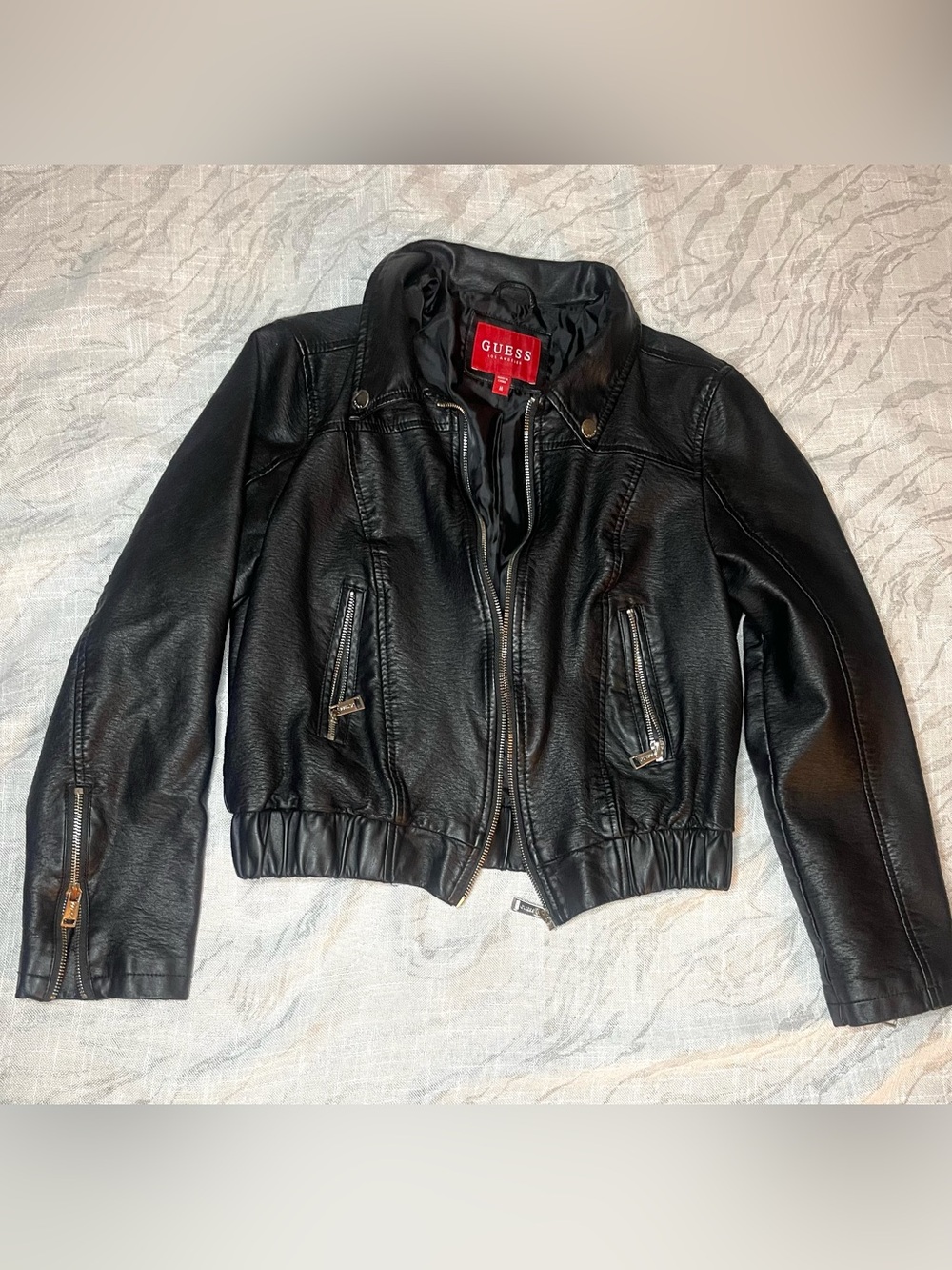 Guess Black Faux Leather Bomber Jacket with Zip Accents
